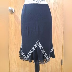 Vintage Y2k Cache Silk Black Silver Beaded Flounce Ruffle Fairycore Pencil Skirt